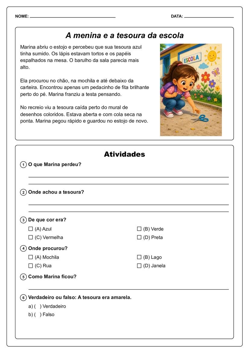 Pequenos textos ilustrados com interpretação exercício educativo página 29